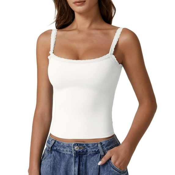 MESSUEN Camisole Tops for Women Crop Top Square Neckline Camisole Lace Double Lined Tank Spaghetti Strap Club Shirt Square Neck Vest Womens Basic Tank Tops Dress Blouses for Women White L