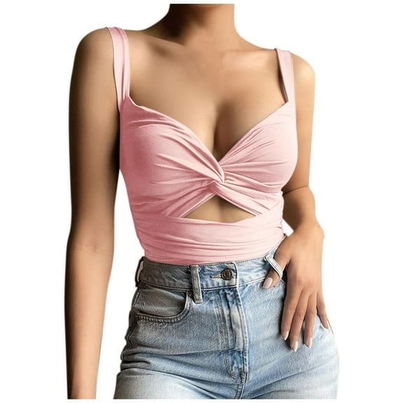 MESSUEN Camisole Tops for Women Halter Going Out Tops V-neck Crop Summer Deep V Neck Vest Kink Elastic Lace Up Sleeveless Halter Top Women's Blouses Ladies Tops and Blouses Pink L