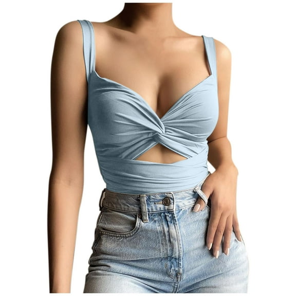 MESSUEN Camisole Tops for Women Halter Going Out Tops V-neck Crop Women's Summer Deep V Neck Vest Kink Elastic Lace Up Sleeveless Halter Top Basic Tees for Women Basic Tops Blue S