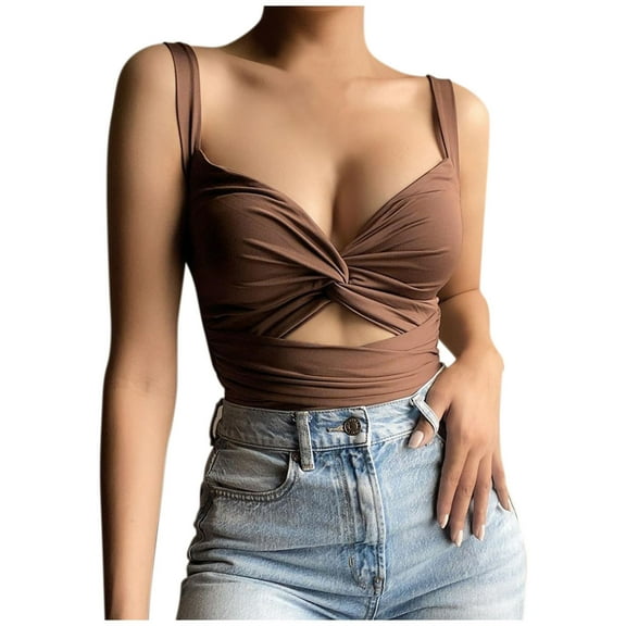 MESSUEN Camisole Tops for Women Halter Going Out Tops V-neck Crop Women's Summer Deep V Neck Vest Kink Elastic Lace Up Sleeveless Halter Top Blouses for Women Womens Shirts Summer Brown L