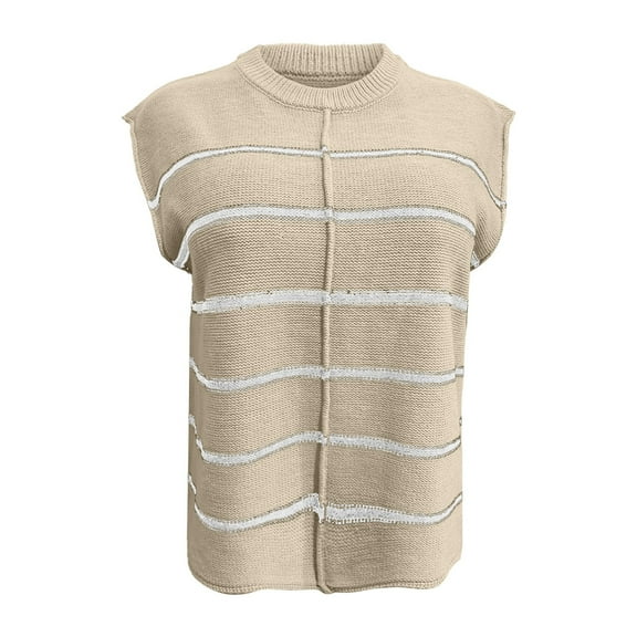 MESSUEN Cap Sleeve Sweater for Women Striped Sweater Knitted Sweater Womens Sweater Women Shirts Sweaters for Women Summer Shirts for Women Beige L