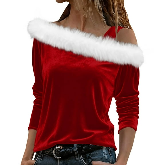 MESSUEN Christmas Shirts for Women One Shoulder Tops for Women Christmas Outfits for Women Sweatshirt for Women Shirts Women Casual Shirts for Women Fall Shirt Red L