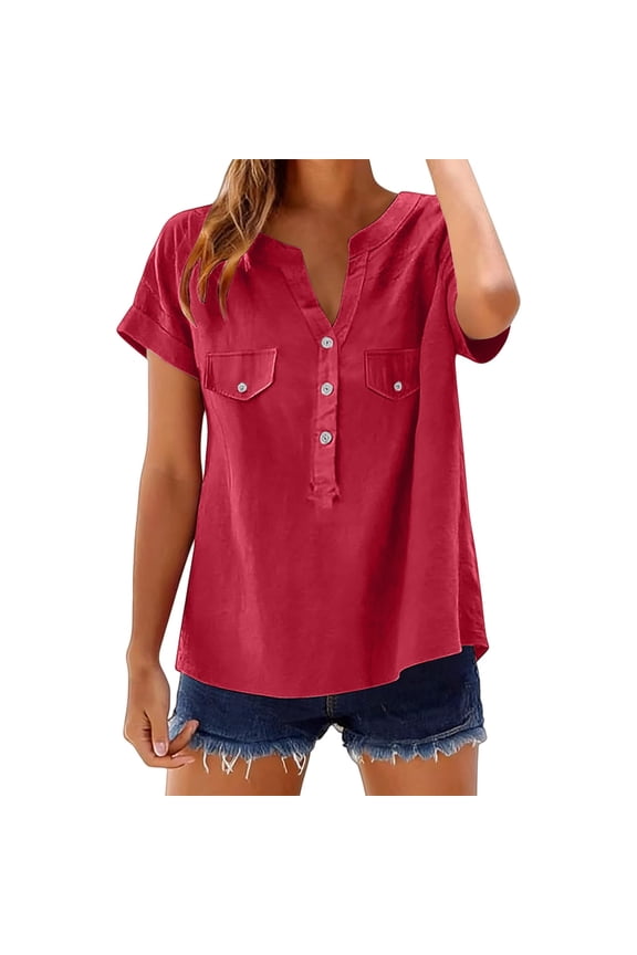 Cotton Linen Shirts Summer Business Beach Tops Loose Fit Dressy Casual Business Casual Tops for Women Office Work Tops Summer Tops Going Out Baggy Shirts A1 Red S