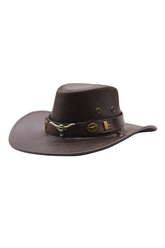 Cowboy Hat Sun Visor Hat Wide Brim Hats for Men Western Cowboy Hat Head Belt Hats Outdoor Travel Wide Brim Faux Leather Sun Caps Sombrero Vaquero Western Cowboy Hats Coffee M