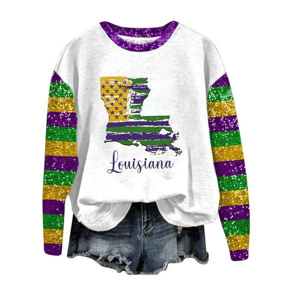 MESSUEN Cute Sweatshirts Carnival Party Business Casual Ladies Tops Mardi Gras Sequin Top Mardi Gras Sequin Shirt Pullover Sweatshirts for Women Army Green L