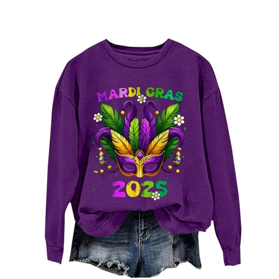 MESSUEN Cute Sweatshirts Carnival Party Womens Tshirts Crew Neck Mardi Gras Shirts for Women Long Sleeve Mardi Gras Outfit Casual Basic Tee Purple 2XL