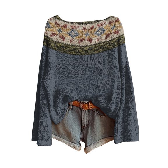 MESSUEN Fair Isle Sweater Women Christmas Sweaters for Women Knit Sweater Womens Fall Sweaters Women Long Sleeve Tops Women's Winter Sweaters Gray 2XL