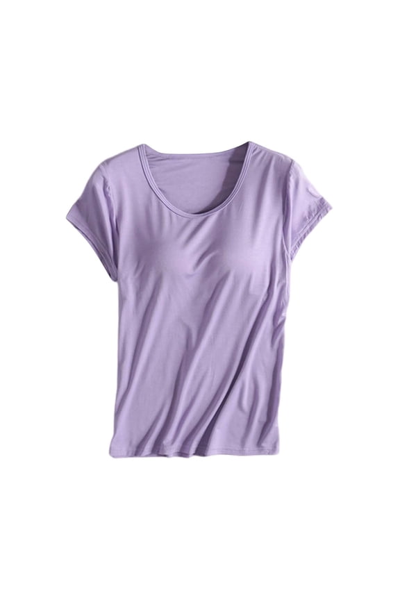 Fitted T Shirts for Women Tops with Built in Bra for Women Crew Neck Muscle Yoga Tank Strap Padded Undershirts Seamless Sleeping Bra Tshirt Women Basic Tees for Women Purple 2XL