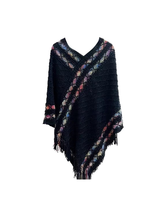 Fringe Shawl Pull Over Sweaters Womens Winter Ponchos for Women Shawl Cape Women's Shawl Women's Poncho Black One Size