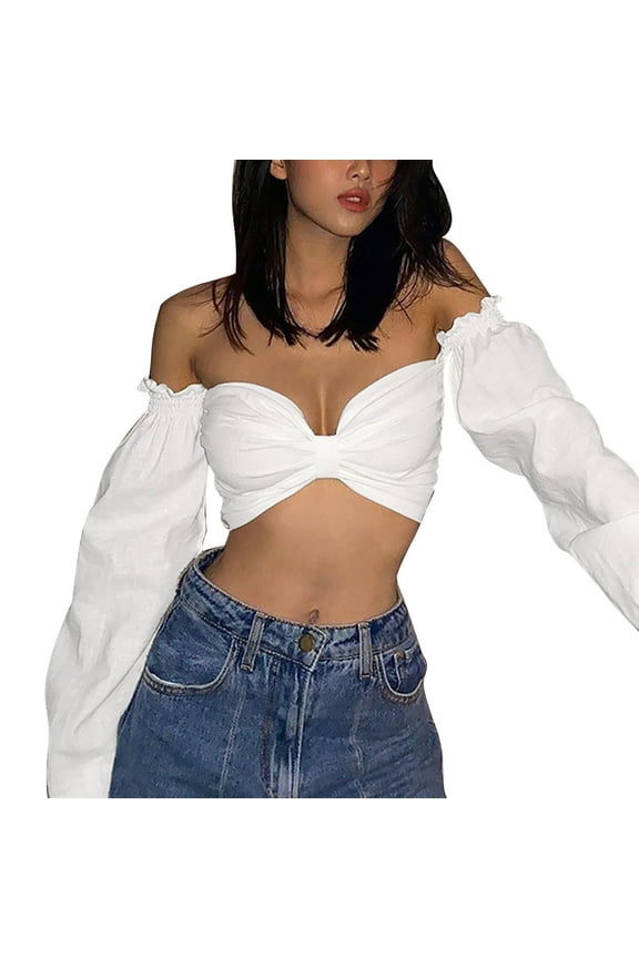 Going Out Tops for Women Off the Shoulder Tops for Women Tops Women Sweet and Spicy Bow Ultra Top Exposed Navel T Shirt Dressy Shirts for Women's Summer Blouses White M