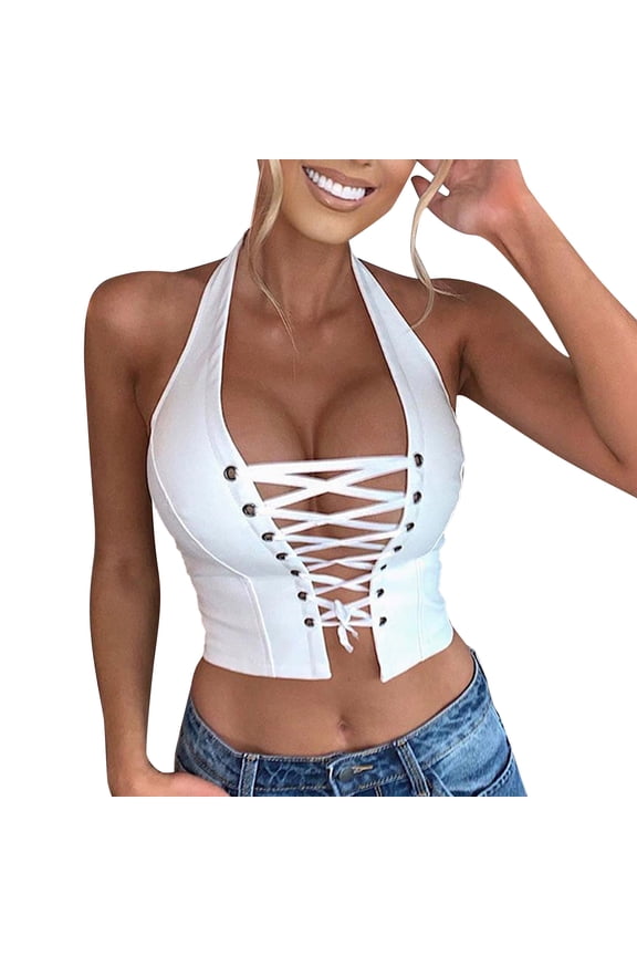 Halter Neck Top Front Tie Tops for Women Halter Crop Women's Sleeveless Navelless Halter Neck Strappy Leather Vest Summer Tops for Women Basic Tops White 2XL