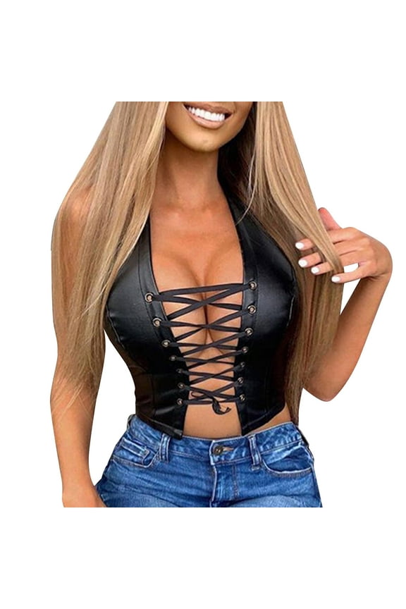 Halter Neck Top Front Tie Tops for Women Halter Crop Women's Sleeveless Navelless Halter Neck Strappy Leather Vest Women’s Blouses Womens Summer Shirts Black M