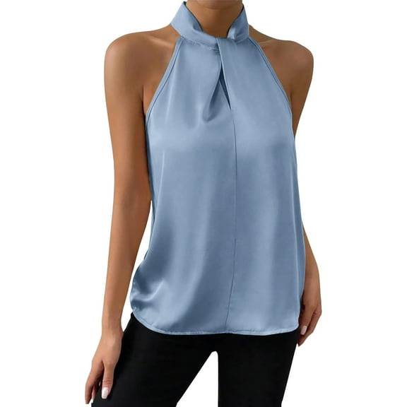 MESSUEN Halter Tank Front Tie Tops for Women Halter Cutout Satin Tank Summer Blouses for Women Ladies Summer Tops Light Blue S