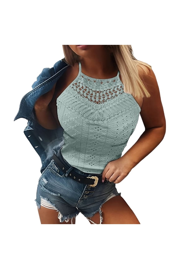 Halter Tank Midriff Tank Tops for Women Halter Crop 2025 New Summer Hollow Lace Sleeveless Solid Color Vest Basic Top for Women Ladies Tops and Blouses Green M