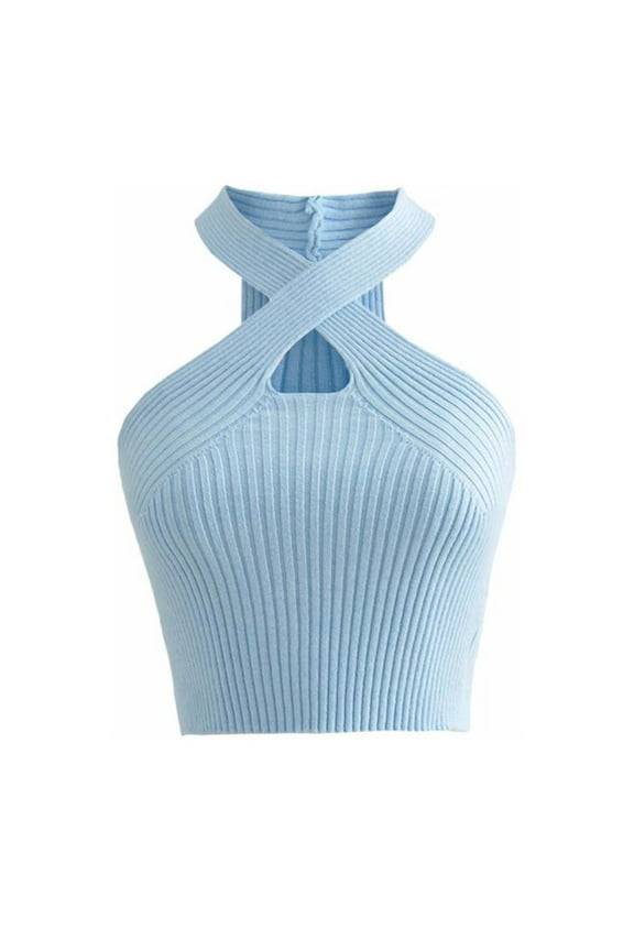 Halter Tank Top Criss Cross Halter Top Halter Crop Vest Crop Halter Strappy Tank Topsfemale Knitted Off Shoulder Crop for Women Basic Tank Tops for Women Tops Women Blue One Size