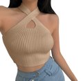 thumbnail image 1 of MESSUEN Halter Tank Top Criss Cross Halter Top Halter Crop Vest Crop Halter Strappy Tank Topsfemale Knitted Off Shoulder Crop for Women Ladies Tops Basics Womens Tops Khaki One Size, 1 of 6