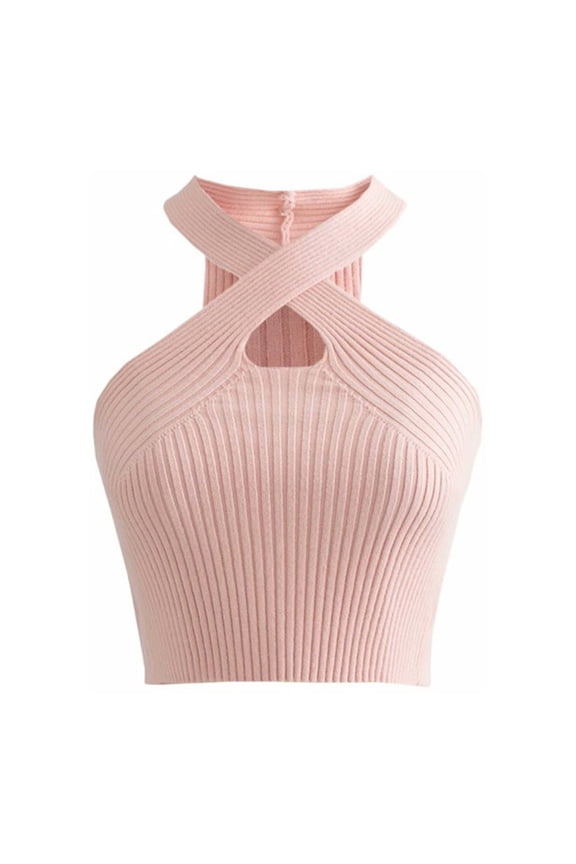 Halter Tank Top Criss Cross Halter Top Halter Crop Vest Crop Halter Strappy Tank Topsfemale Knitted Off Shoulder Crop for Women Womens Basic Tee Shirts Womens Casual Tops Pink One Size