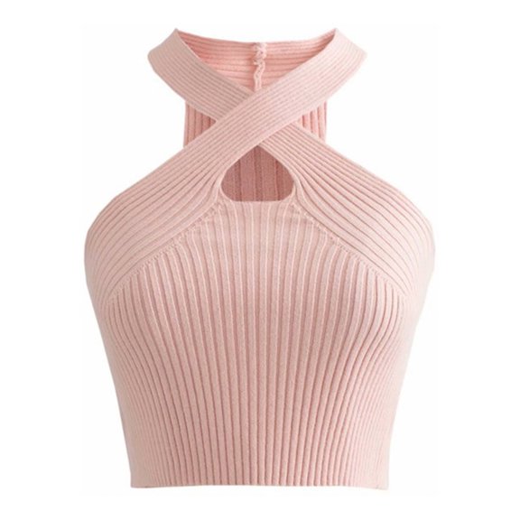MESSUEN Halter Tank Top Criss Cross Halter Top Halter Crop Vest Crop Halter Strappy Tank Topsfemale Knitted Off Shoulder Crop for Women Womens Basic Tee Shirts Womens Casual Tops Pink One Size