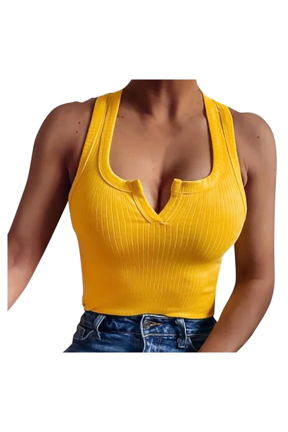 Halter Tank Top Womens Tank Tops Cropped Notch Neck Crop Open Back Halter-neck Slim-fit Knit Ribbed Solid-color Vest Casual Tank Tops for Women's Casual Tank Tops Yellow S