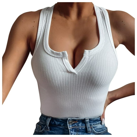 MESSUEN Halter Tank Top Womens Tank Tops Cropped Notch Neck Crop Open Back Halter-neck Slim-fit Knit Ribbed Solid-color Vest Women's Tops Casual Summer Tops for Women White 2XL