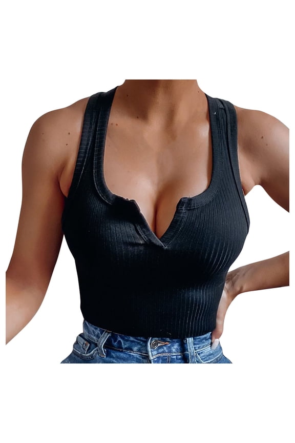 Halter Tank Top Womens Tank Tops Cropped Notch Neck Crop Women Open Back Halter-neck Slim-fit Knit Ribbed Solid-color Camisole Vest Basic Tops for Women Summer Tops Black 2XL