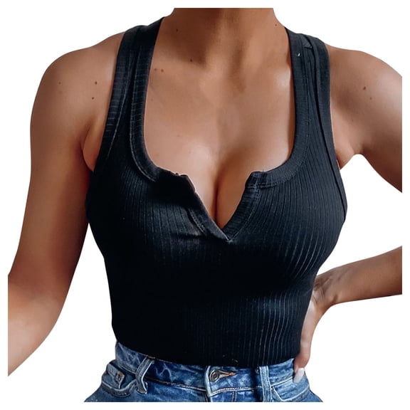 MESSUEN Halter Tank Top Womens Tank Tops Cropped Notch Neck Crop Women Open Back Halter-neck Slim-fit Knit Ribbed Solid-color Camisole Vest Womens Top Women Basic Tops Black L