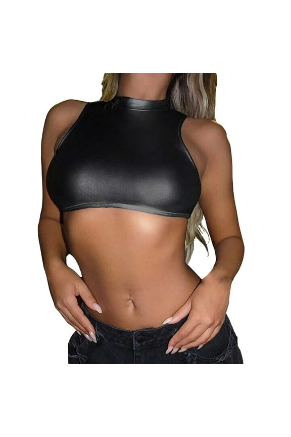Halter Tank Tops for Women Leather Top Crew Neck Crop Women's PU Leather Metallic Mock Neck Tank Top Sleeveless Crop Tops Womens Blouses Summer Womens Shirts Dressy Casual Black S