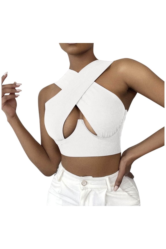 Halter Top Criss Cross Halter Top Halter Crop Women's Cut Out Vest Halter Wrap Crop Top Solid Cami Tank Tops Womens Blouses Summer Shirts for Women White L