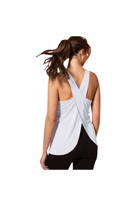 Halter Top Open Back Workout Tops for Women Crew Neck Muscle Women's Casual Cross Back Yoga Shirt Sleeveless Back Workout Sports Vest Top Womens Shirts Casual Women Tops White M