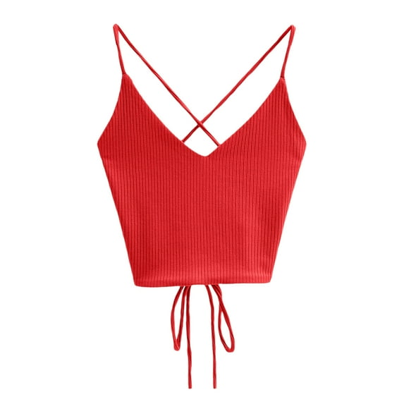 MESSUEN Halter Tops Tie Tops for Women Womens Summer Top New Crop Tops Aesthetic Cute Halter Solid Camis Fashion Casual Female Corset Top Tank Tops Women Blouses Women Top Red One Size