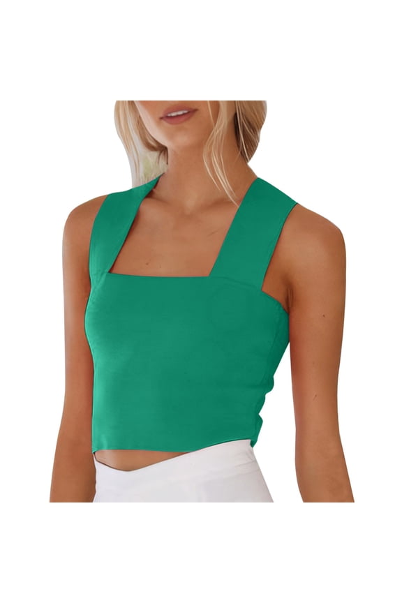 Knit Tank Tops for Women Going Out Tops for Women Summer Square Neckline Crop Simple Vacation Style Knitted Wide Shoulder Strap. Women's Tops Basic Tank Tops for Women Green L