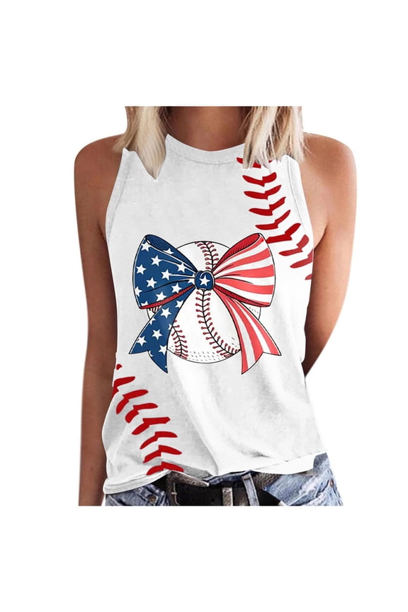 Ladies Sleeveless Tops 4th of July Tshirt Crew Neck Raglan Baseball Shirt Baseball Mom Tank Graphic Tee Cute Workout T Shirts Vest Tee Shirts Womens Basics Tops White M