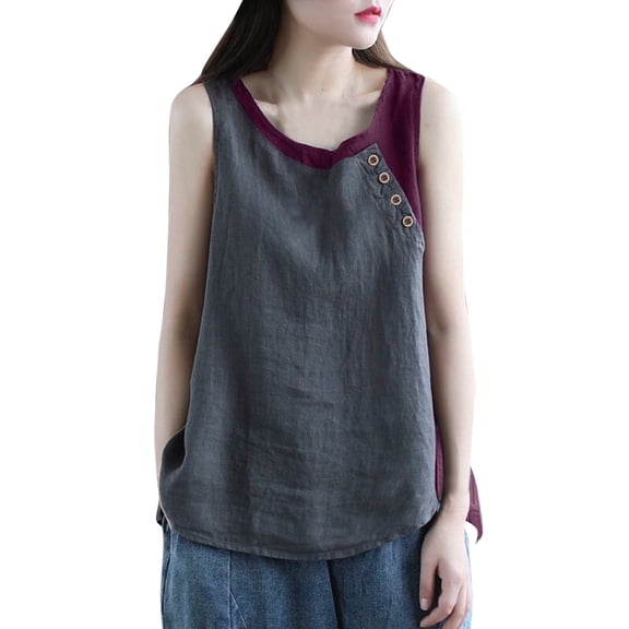 MESSUEN Ladies Sleeveless Tops Loose Tank Tops for Women Crew Neck Raglan Daily Shirts T Tee Color Block Faux Cotton Llinen Tank Blouse Casual Tank Tops for Women Basic Tops Gray M