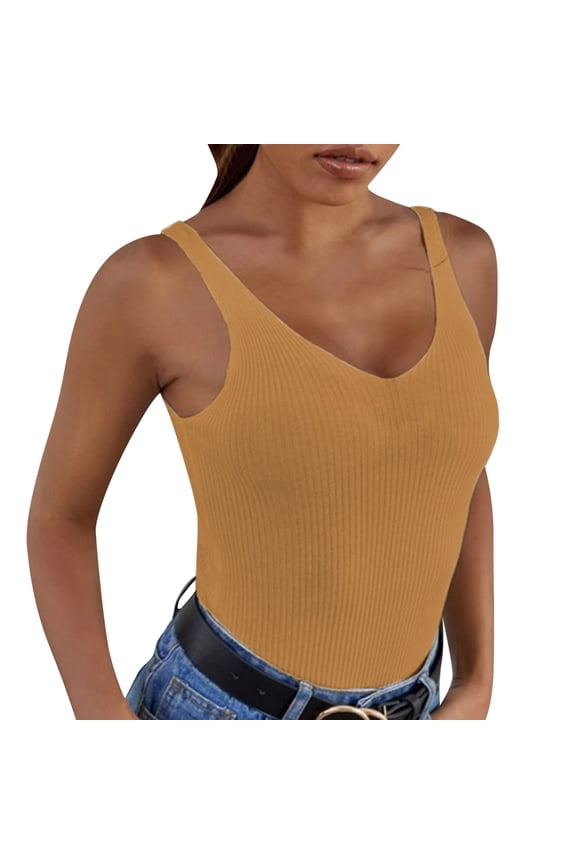 Ladies Tank Tops Knit Tank Tops for Women V-neck Crop Women's Summer V Neck Knitted Solid Color Tank Top Basic Womens Tops Women's Summer Blouses Yellow XS