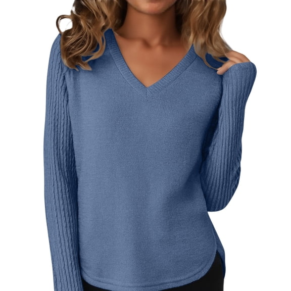 MESSUEN Lightweight Sweaters for Women Baggy Sweater V Neck Sweaters for Women Sweaters Long Sleeve Shirts Womens Fall Sweaters Women's Pullover Sweaters Blue L
