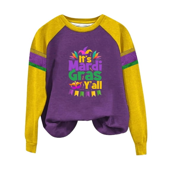 MESSUEN Long Sweatshirts for Women Mardi Gras Sequin Top Baggy Sweatshirt for Women Mardi Gras Blouse Mardi Gras Shirt Sweatshirt for Women Carnival Costume Navy 2XL