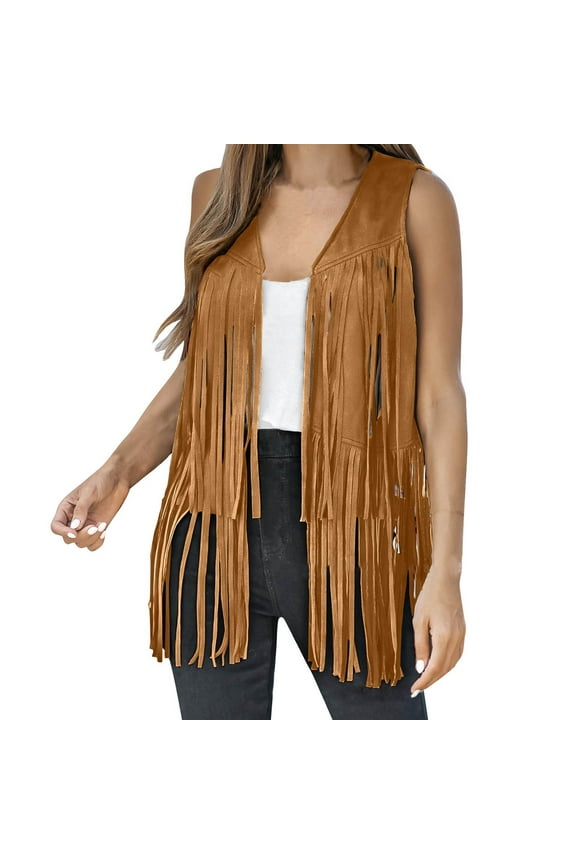 Long Vest Women Womens Sleeveless Cardigan Ladies Tops Fringe Vest 70s Hippie Sleeveless Western Faux Suede Tassel Leather Outerwear Women Top Basic Crop Top Khaki L