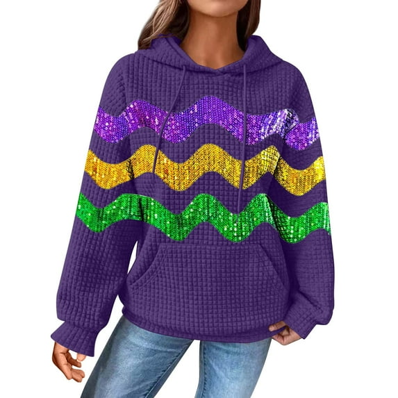 MESSUEN Mardi Gras Outfit Mardi Gras Shirts for Women Long Sleeve Thick Sweatshirts for Women Sweatshirt for Women Sequin Sweatshirt Womens Shirts Crew Neck Purple 1 L