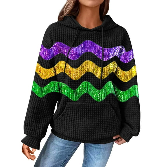 MESSUEN Mardi Gras Sequin Top Cute Sweatshirts Basic Tops Carnival Party Comfort Sweatshirt Casual Basic Tee Sweatshirt for Women Black 1 XL