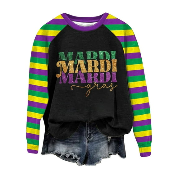 MESSUEN Mardi Gras Sequin Top Womens Shirts T Shirt Tops Tee Cute Sweatshirts Sweatshirt for Women Mardi Gras Outfit Mardi Gras Blouse Black 1 2XL