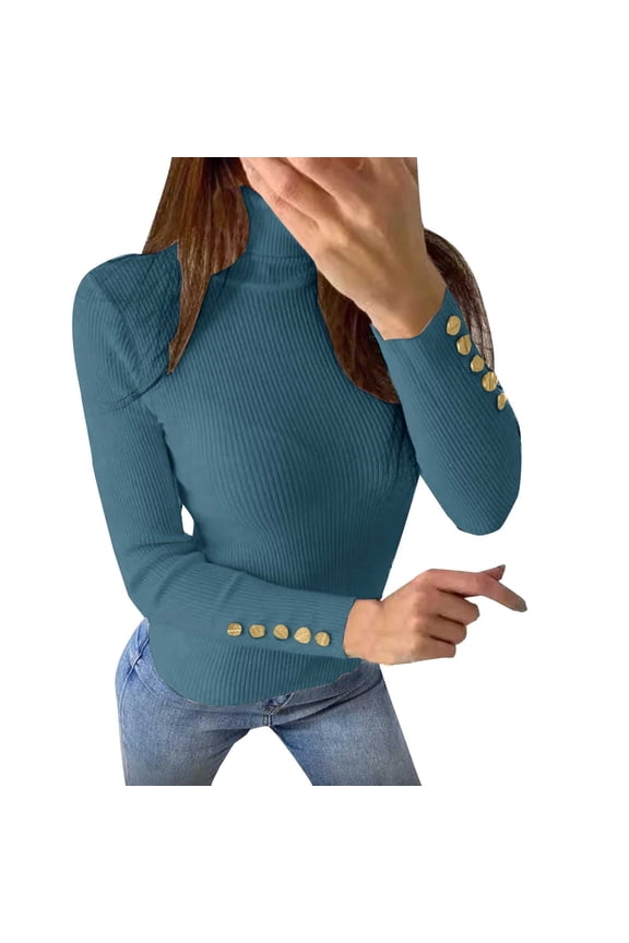 Mock Neck Sweater Long Sleeve Undershirt for Women Pull Over Sweaters Womens Casual Tank Tops for Women Shirts for Women Dressy Casual Basic Top for Women Ladies Blouses Sky Blue L