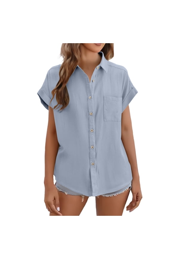 Short Sleeve Work Tops Business Casual Tops for Women Loose Fit Beach Tops Going Out Comfort Linen Shirts for Women Office Work Tops Summer Business Blue S