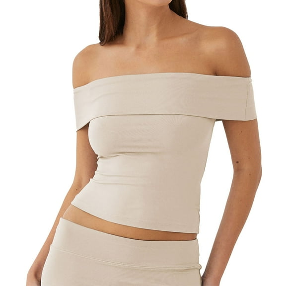 MESSUEN Off the Shoulder Tops for Women Crop Tops for Women Summer Shirts Off the Shoulder Going Out Tops Trendy Cropped Tees Cute Outfits Women Shirt Sleeveless Tees for Women Beige L