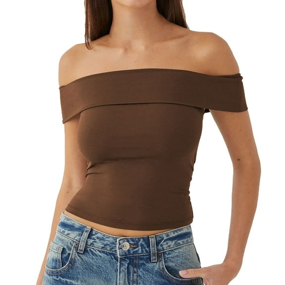 MESSUEN Off the Shoulder Tops for Women Crop Tops for Women Summer Shirts Off the Shoulder Going Out Trendy Cropped Cute Outfits Womens Blouses Dressy Casual Womens Basic Tops Coffee M