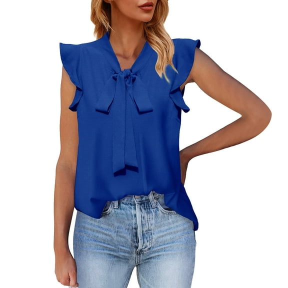 MESSUEN Sleeveless Shirts for Women Front Tie Top V-neck Flounce Tank Tops for Casual Solid Chiffon Blouses Ruffle Elegant Vest Women Shirts Casual Summer Tops for Women Blue 2XL