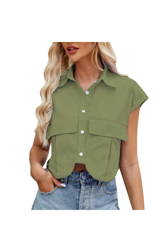 Sleeveless Shirts for Women Sleeveless Crop Tops Mock Neck Raglan Cropped Cap Sleeve Shirts Lapel Collar Down Crop Chest Basic Crop Top Sleeveless Tshirts for Women Green 2 M