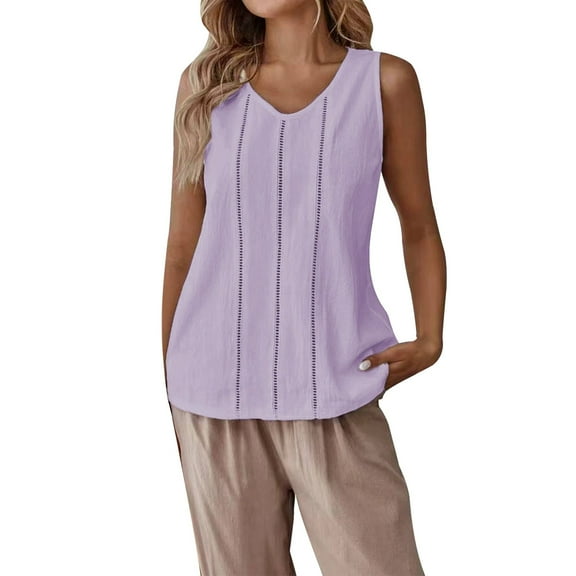 MESSUEN Sleeveless Tank Tops for Women Loose Fitting Tops for Women V-neck Raglan 2025 Spring Lace Hollow Cotton Linen Casual Solid Color Vest Ladies Tops Womens Tops Casual Purple XL