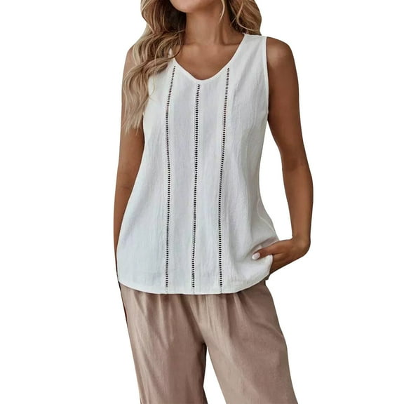 MESSUEN Sleeveless Tank Tops for Women Loose Fitting Tops for Women V-neck Raglan 2025 Spring Lace Hollow Cotton Linen Solid Color Vest Womens Summer Top Women Tops Dressy Casual White M