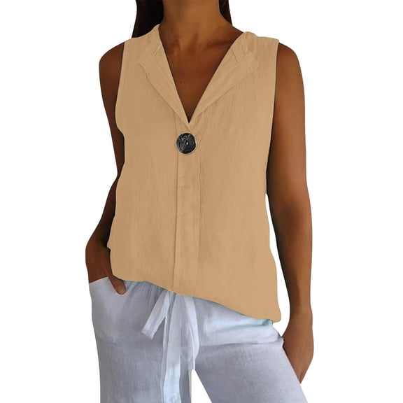 MESSUEN Sleeveless Tank Tops for Women Loose Tank Tops V-neck Raglan Linen Shirts for V Neck Tank Loose Collared Shirt Work Lightweight Casual Shirts for Women Tops Summer Khaki M