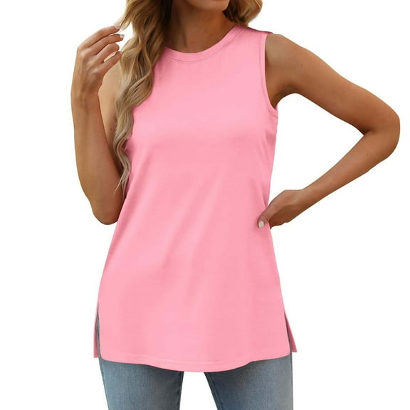 MESSUEN Sleeveless Tops Tank Tops for Women Loose Fit Crew Neck Raglan Tank Tops Crewneck Loose Fit Basic Side Split Shirts Women Blouses Dressy Casual Women's Shirts Blouses Pink M